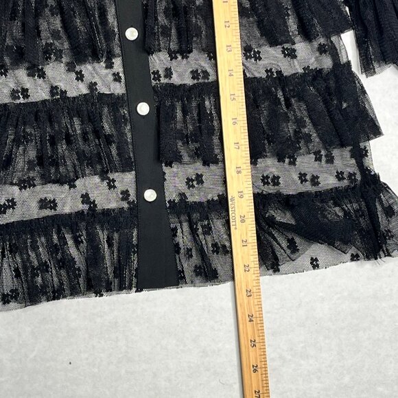 Black Mesh Floral Ruffle Layered See-Through Long Sleeve Button-Up Shirt - Picture 5 of 8